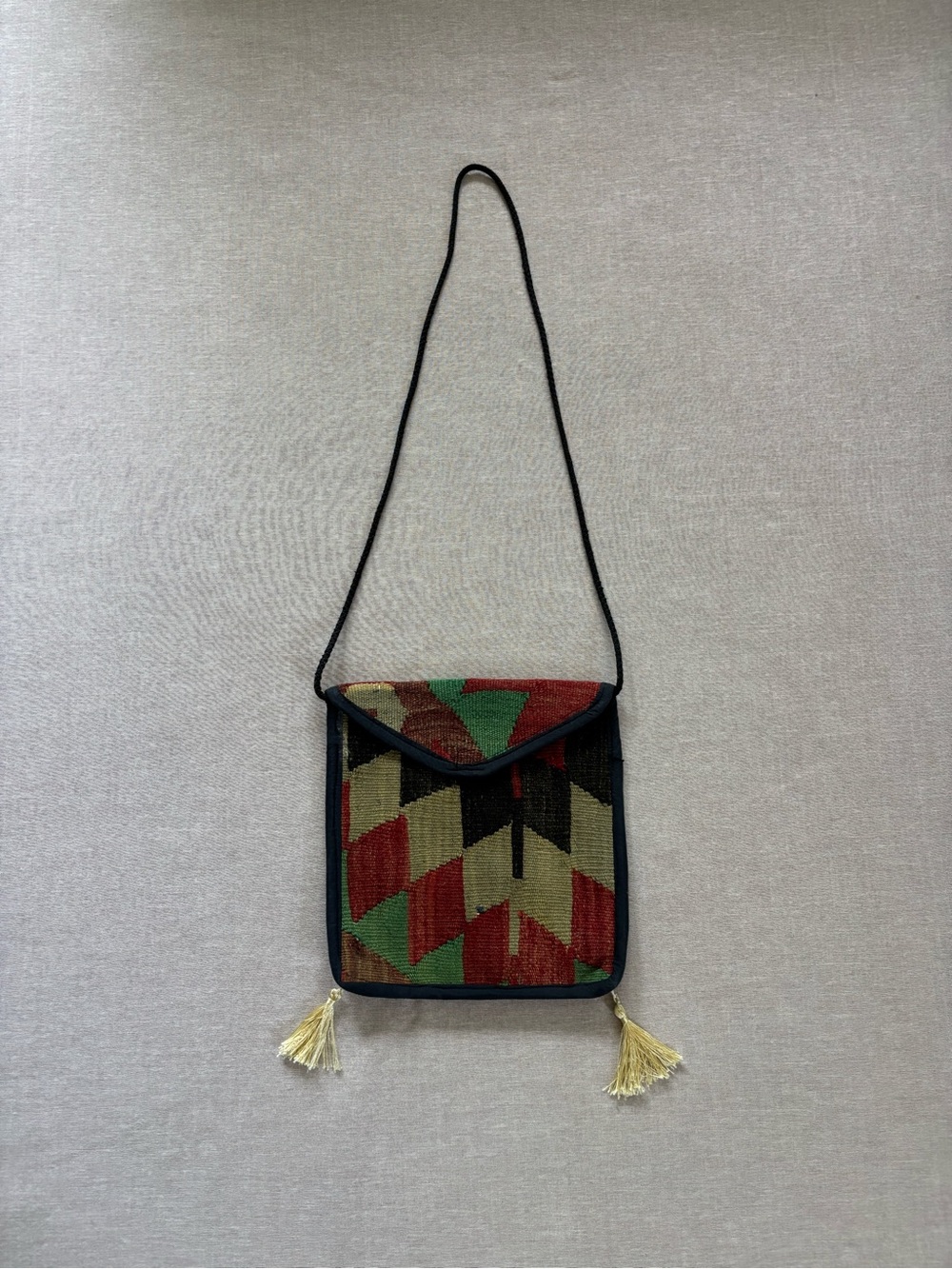 Vintage woven tassel artisan patchwork boho hippie carpet purse.